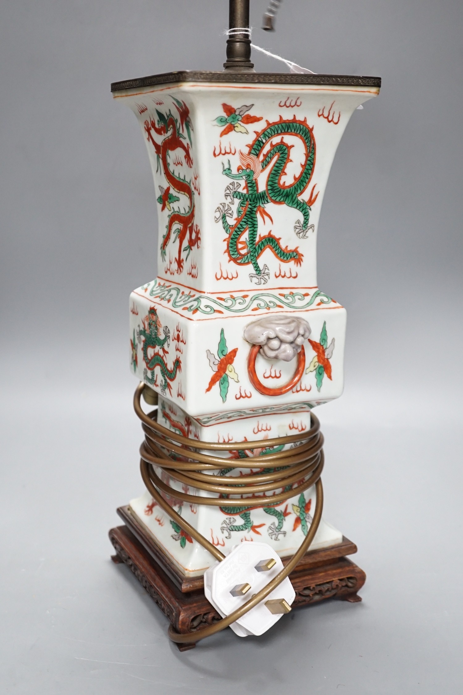 A Chinese porcelain ‘dragon’ vase lamp, Total height including fittings 65 cm